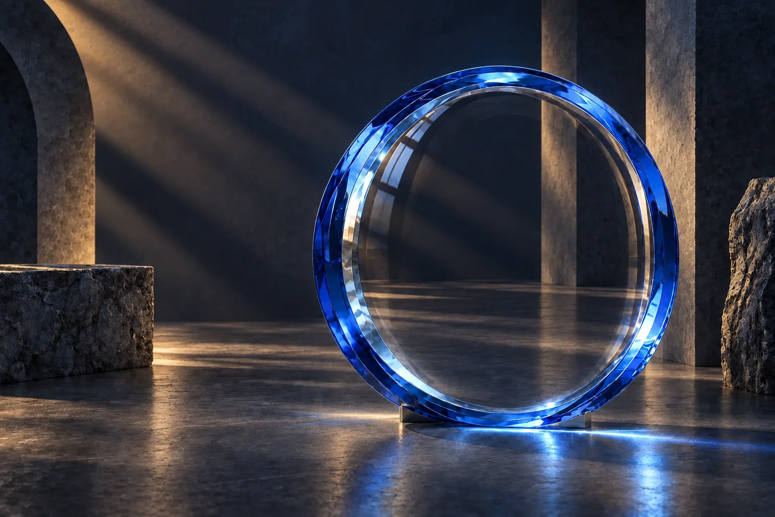 A clear curved lens in a deep cobalt glass rim, resting on a discreet support in a softly lit midnight-blue room