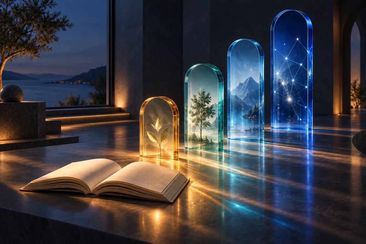 An open book and four luminous glass portals, a journey from library roots to connected knowledge