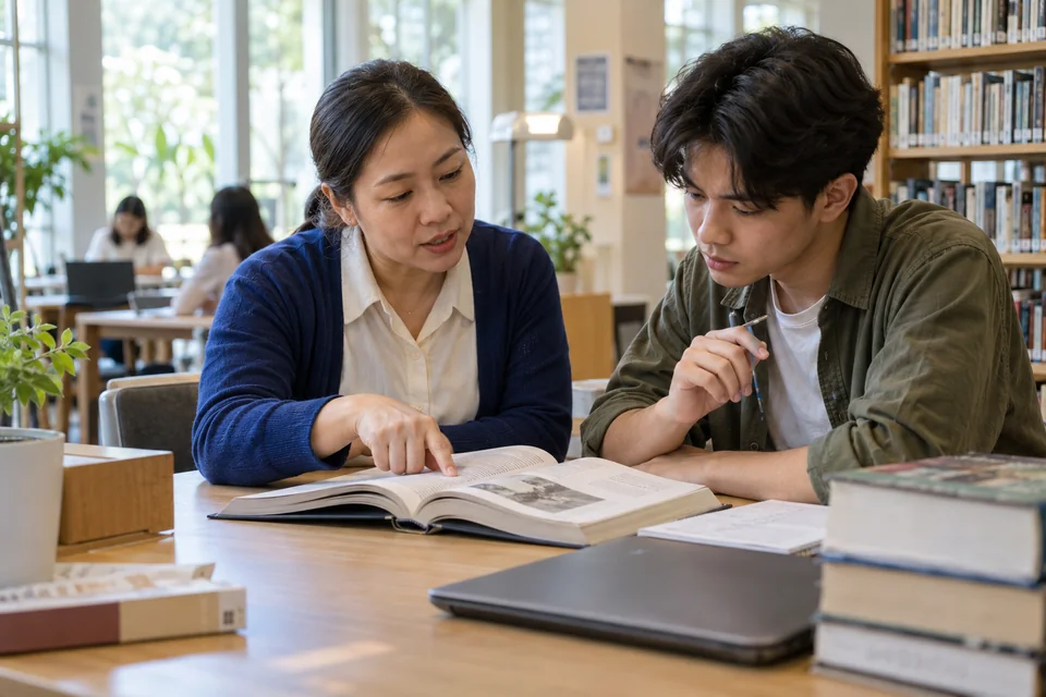 A librarian helps a student explore an open reference book in a bright university library.